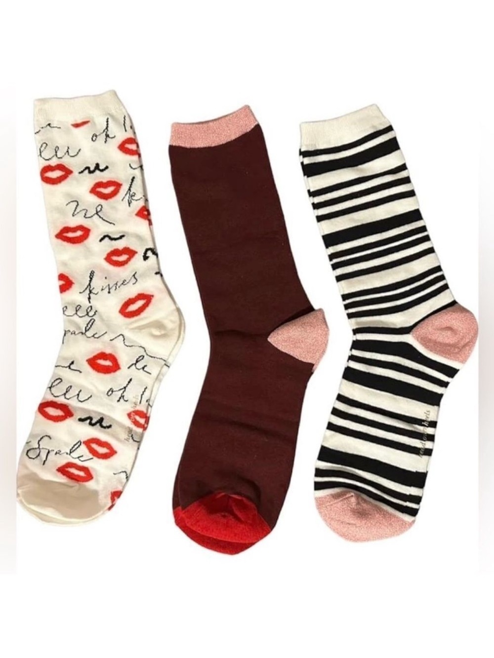 kate spade 3pk White Kisses Burgundy Pink Metallic Black White Stripe Socks